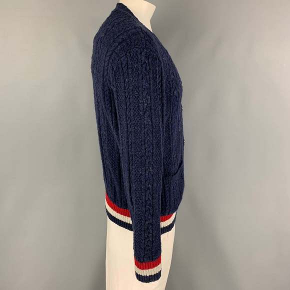 KITON Navy Red & White Contrast Stitch Cotton V-Neck Cardigan - Picture 2 of 5